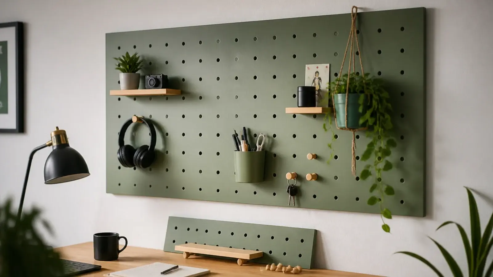painted pegboard panel holding shelves hooks and headphones above a desk