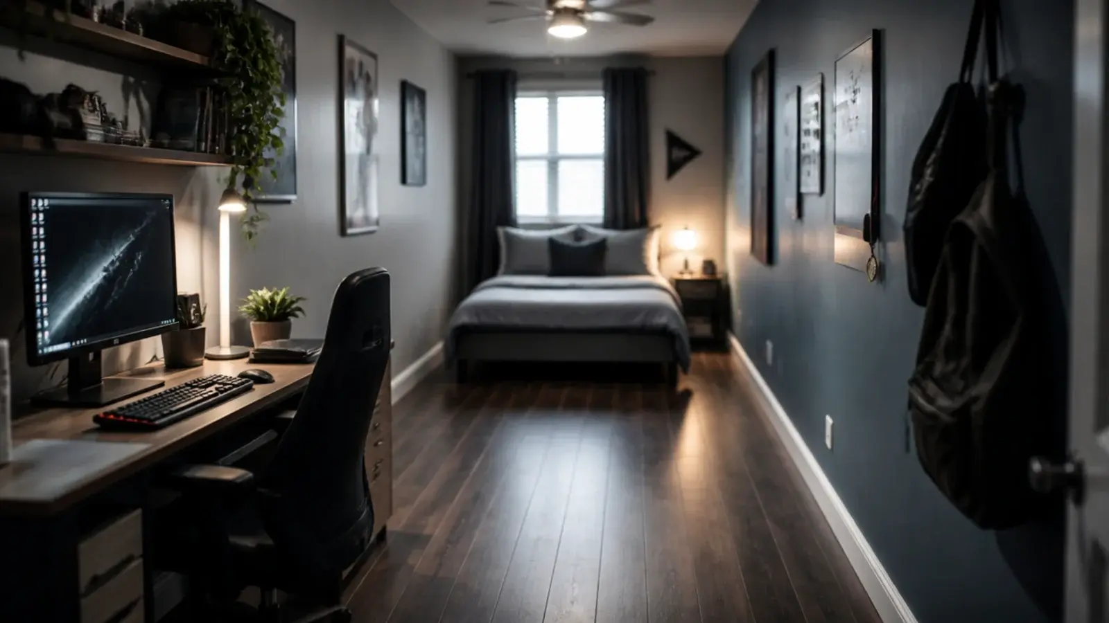 bedroom with bed at one end and full screen setup at the other
