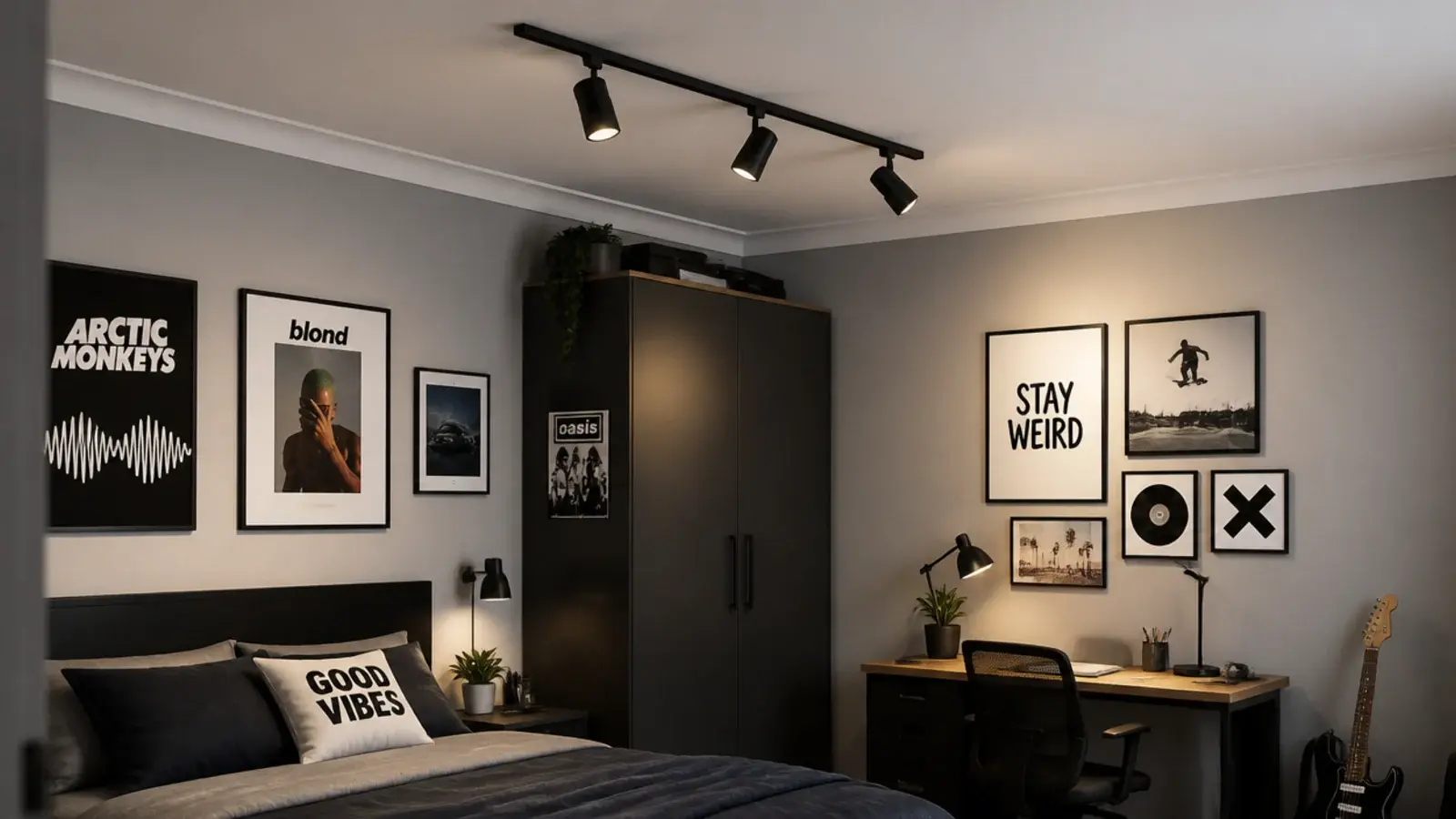 black track light with three heads aimed across a bedroom ceiling