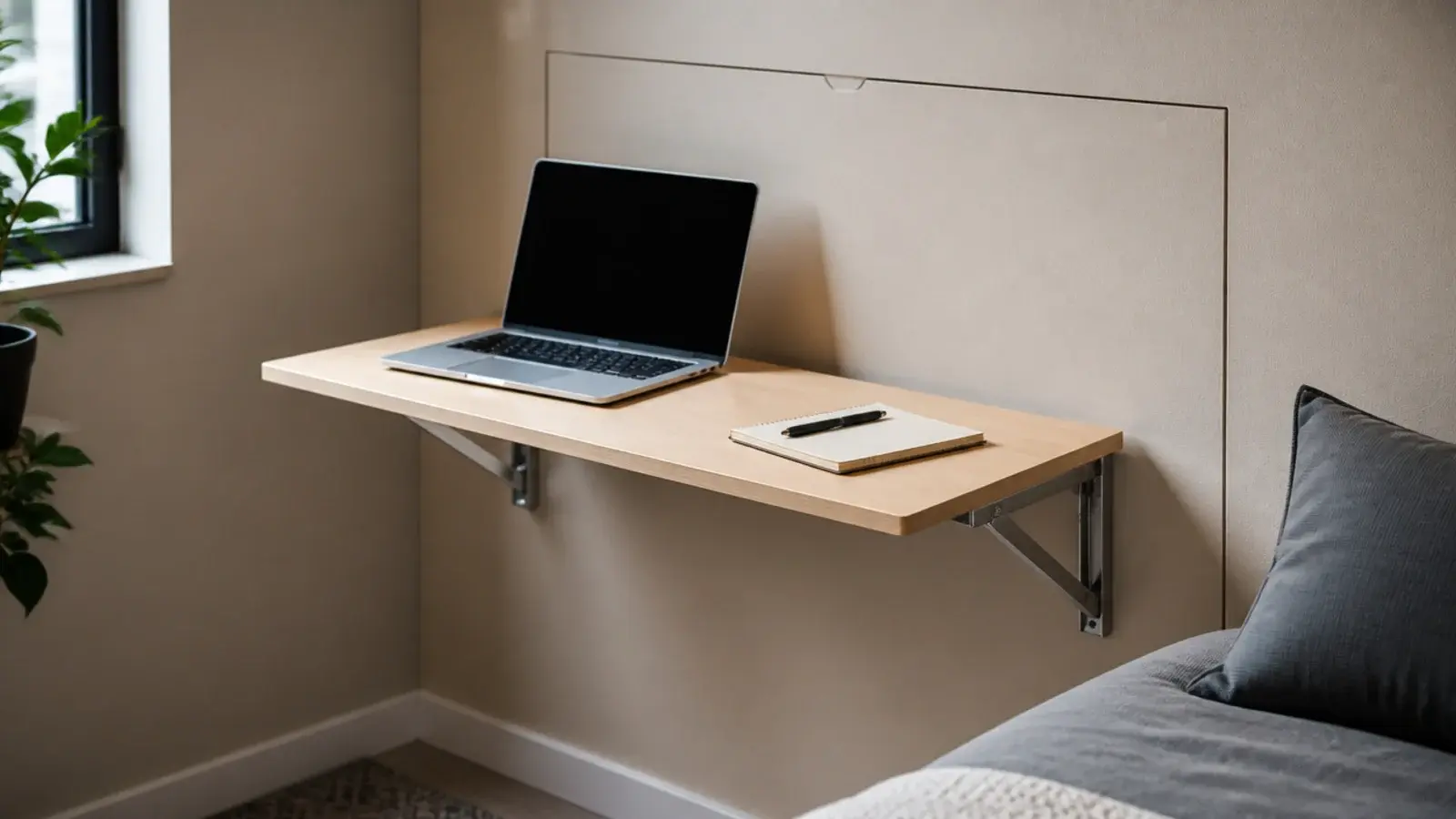 fold down wall desk shown open with a laptop and closed flat