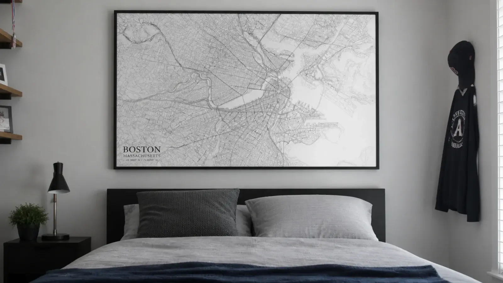 oversized framed city map filling the wall above a teenage bed