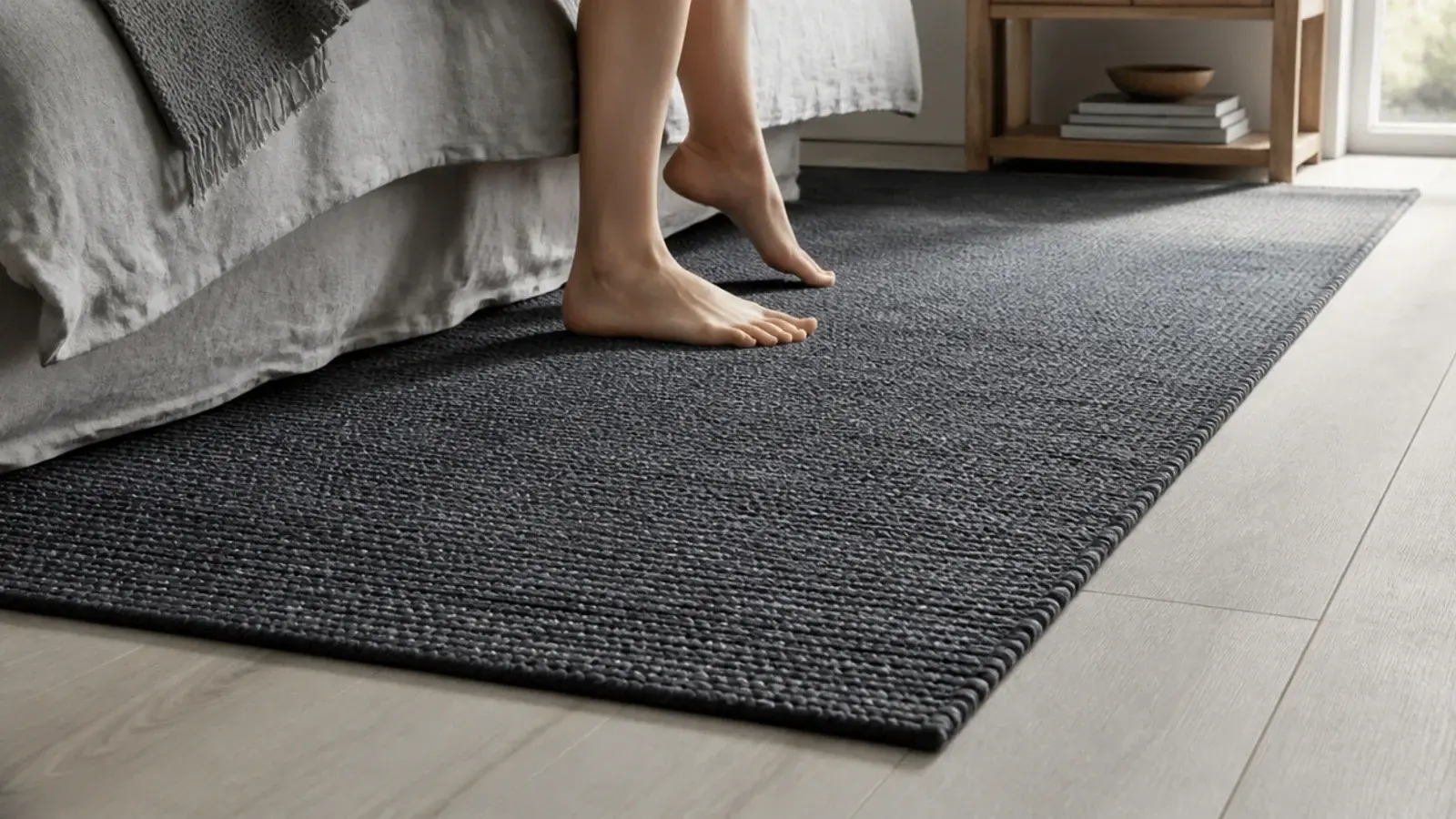 flat woven rug layered over laminate flooring beside a bed