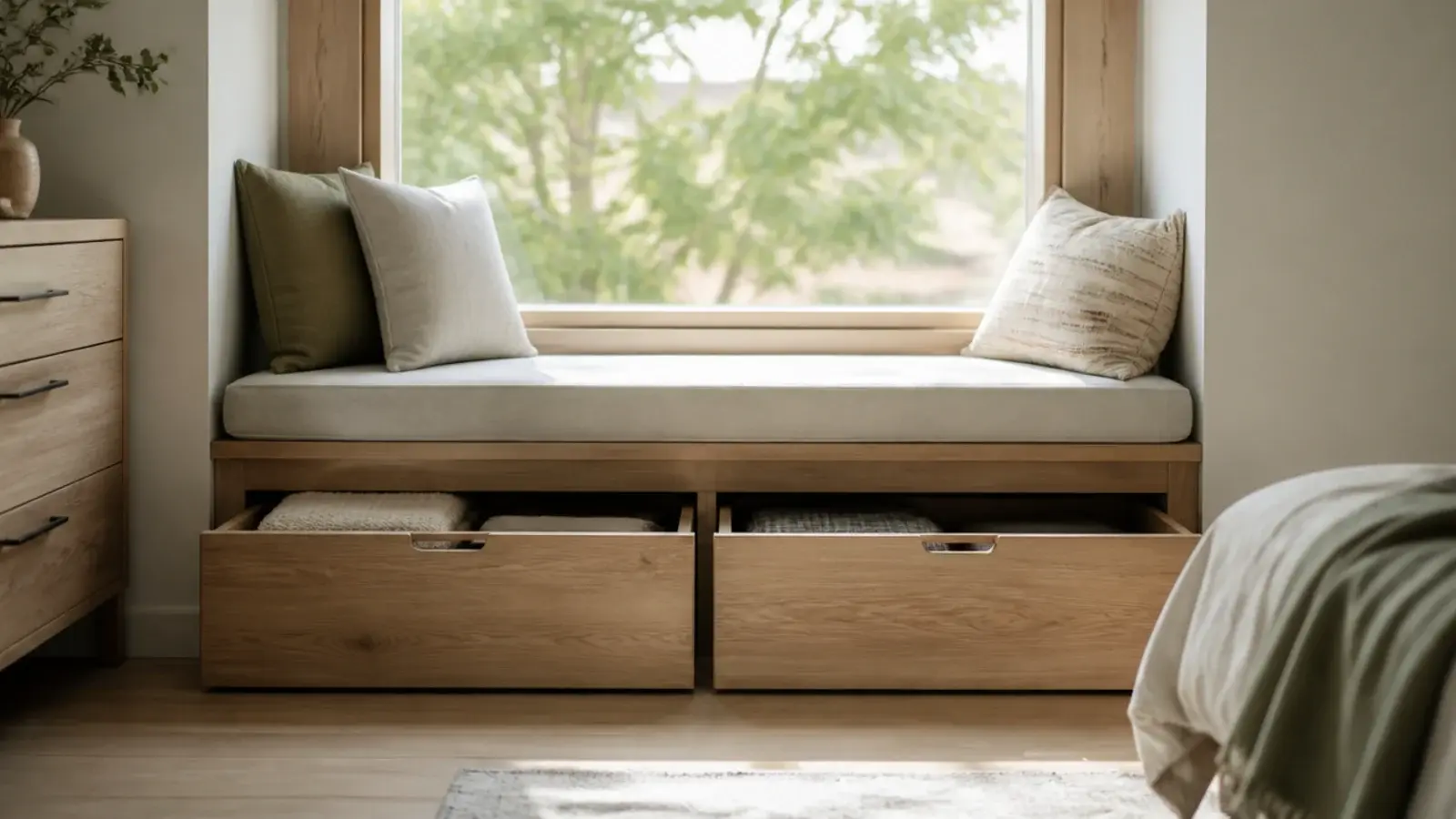 built in window seat with storage boxes beneath a bedroom window