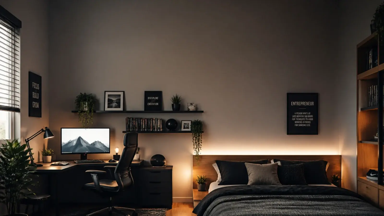 tall teen boy bedroom view showing desk zone bed and shelf wall