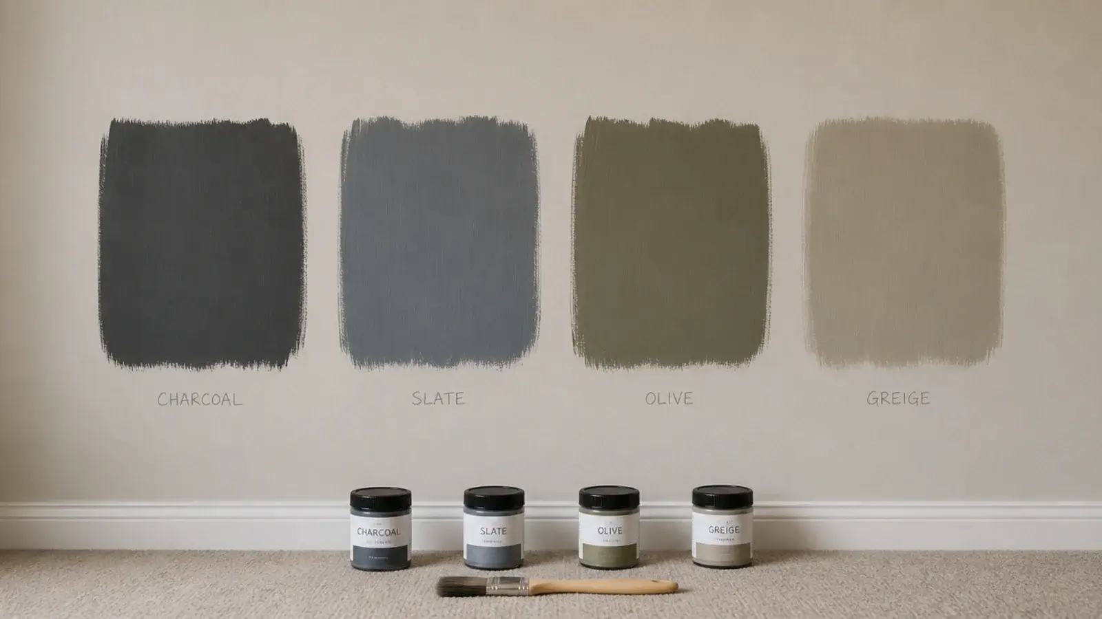 four large painted test patches drying side by side on a bare wall