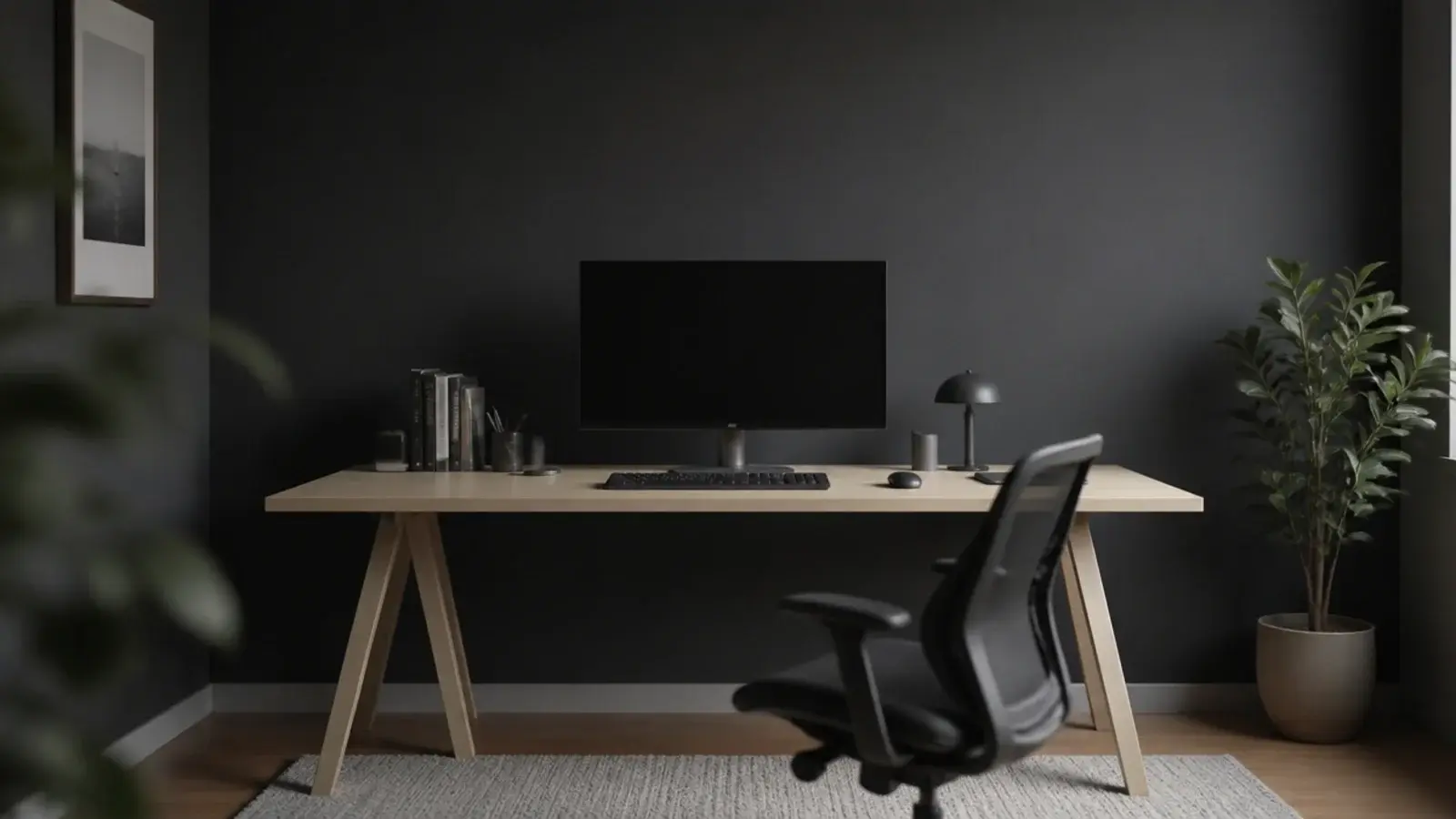 deep charcoal painted wall sitting directly behind a monitor and desk