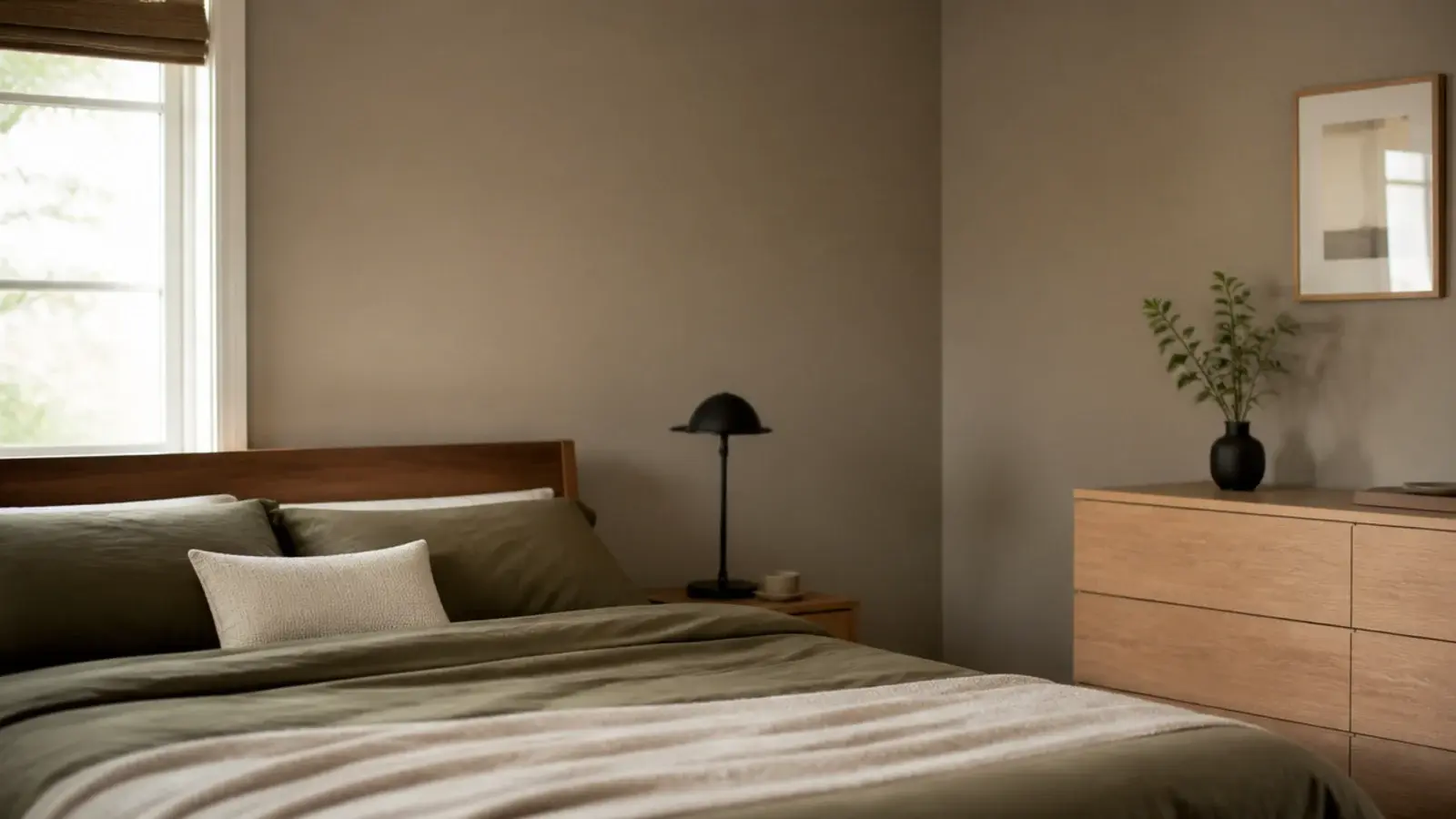 warm greige bedroom walls with olive bedding and timber furniture