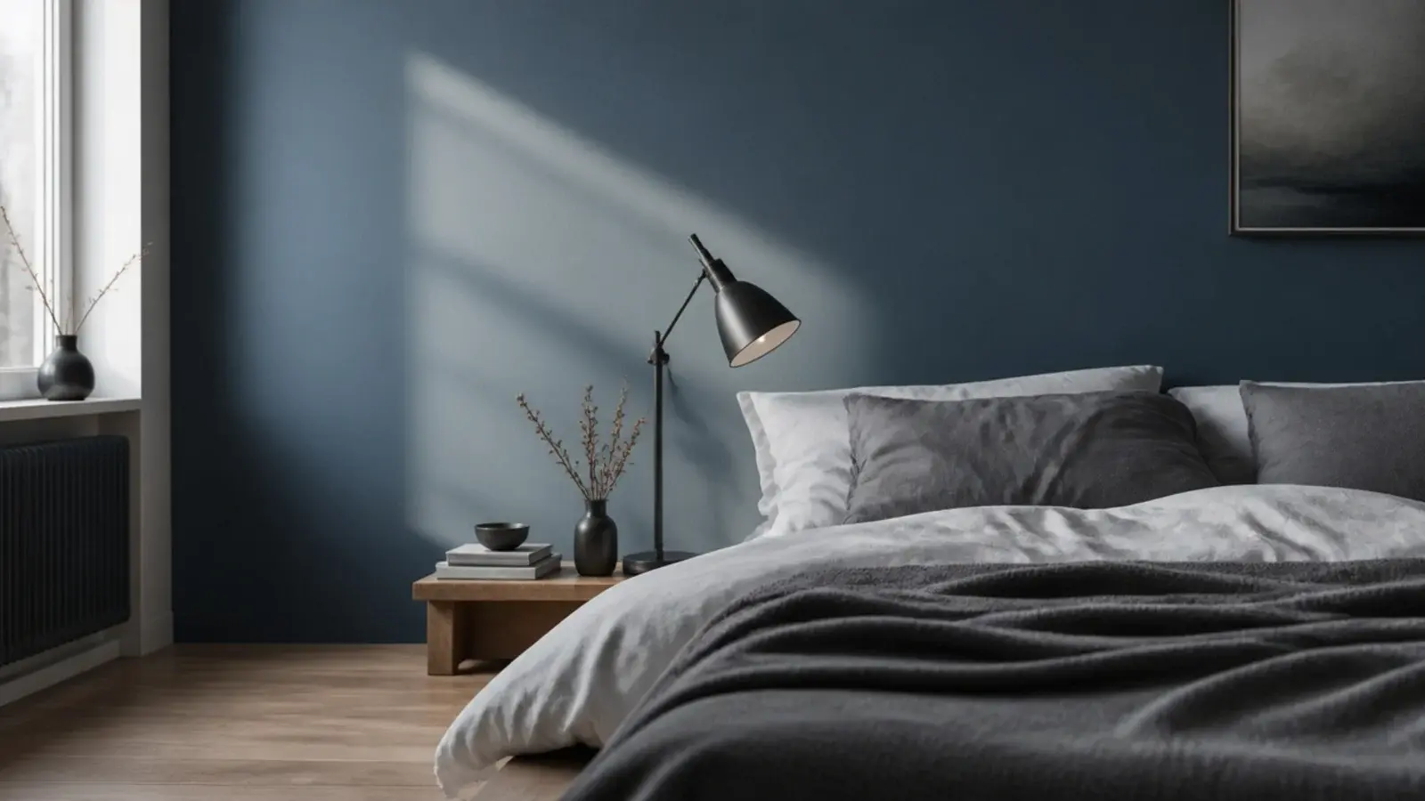 muted slate blue wall behind a bed with grey and white bedding