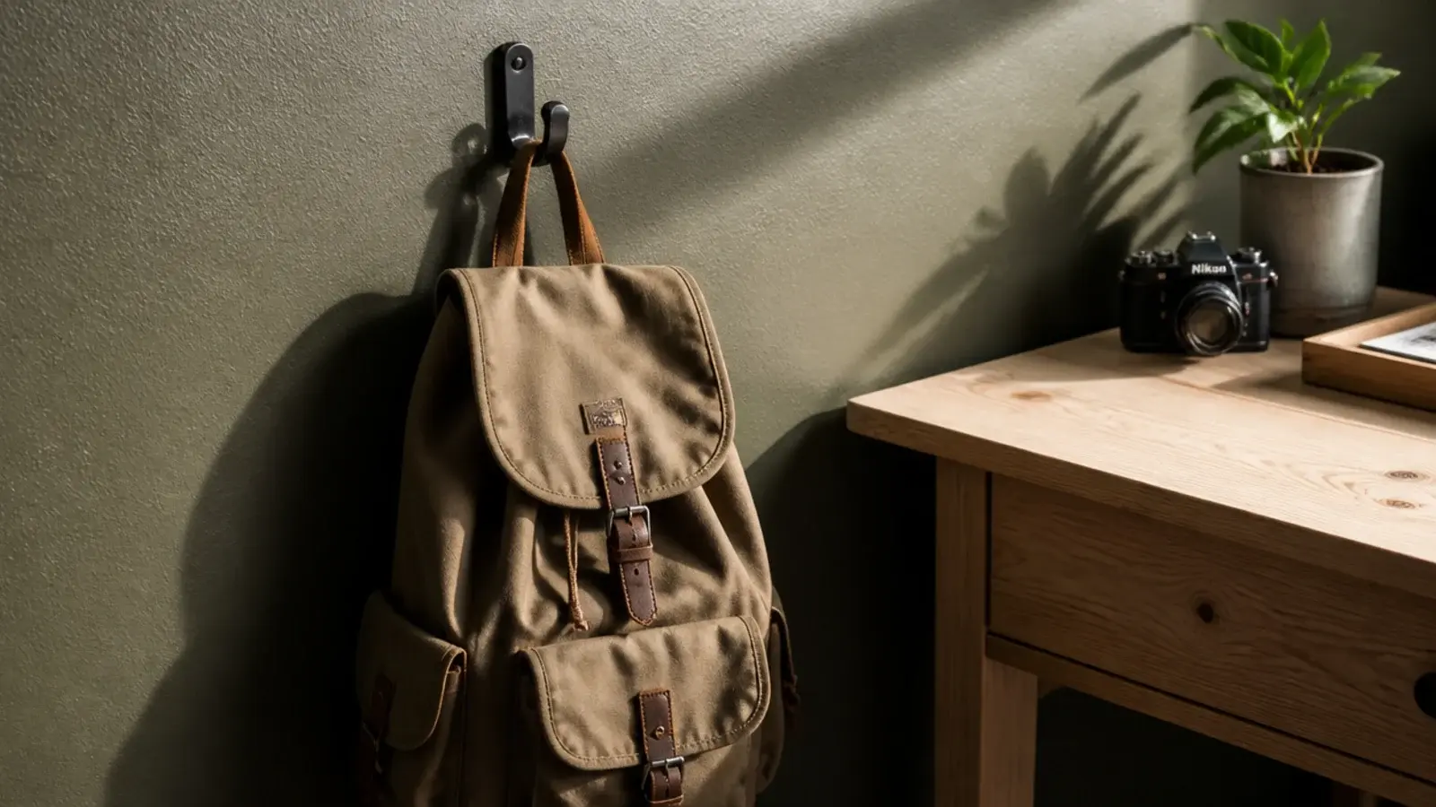 drab olive green wall beside a timber desk and canvas backpack