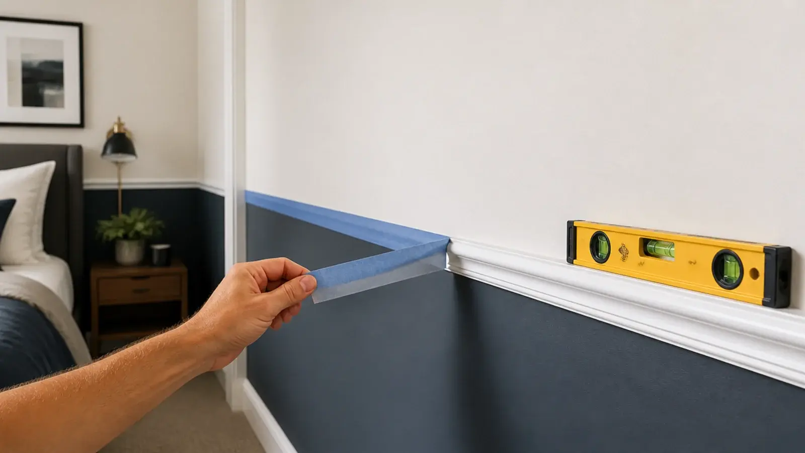 wall split into deep colour below and pale above at chair height