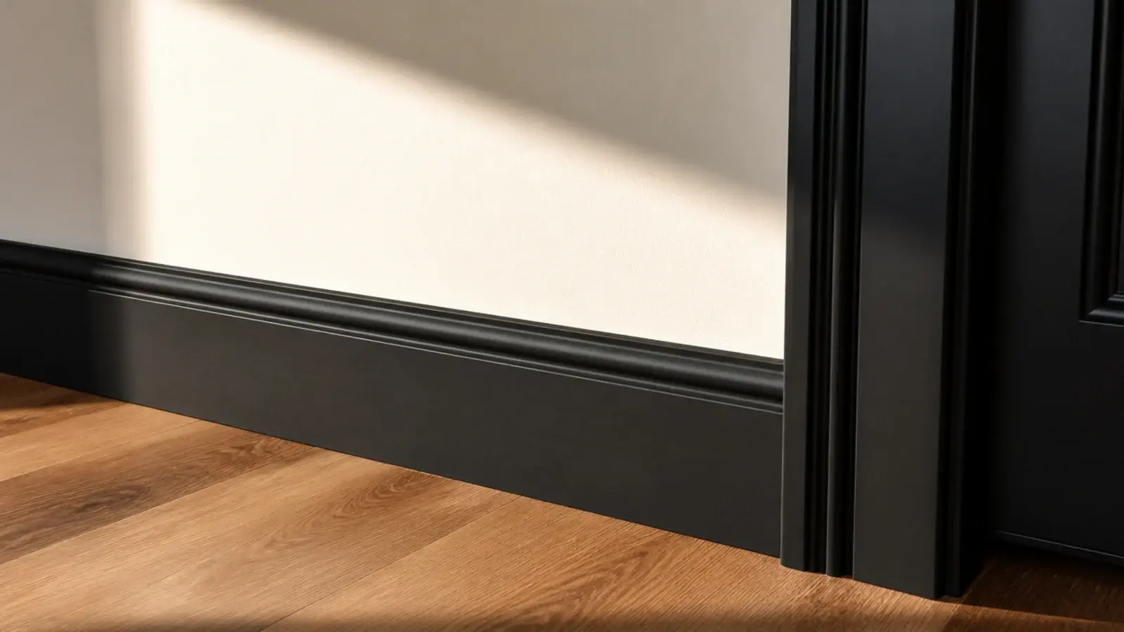 warm white bedroom wall meeting black painted skirting and door frame