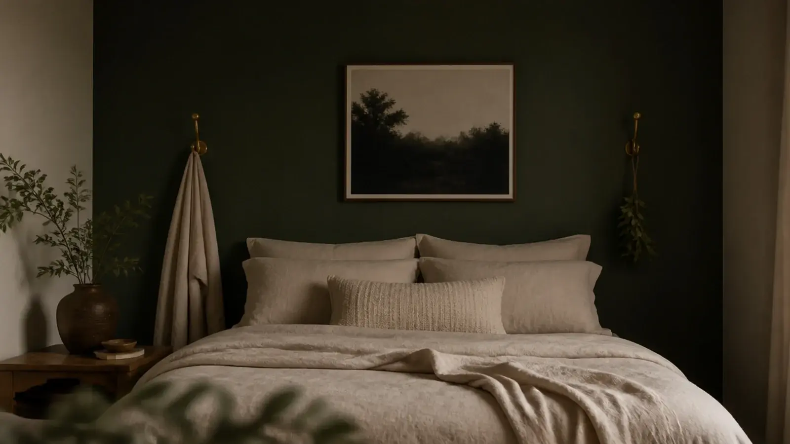 deep forest green accent wall behind a bed with linen bedding