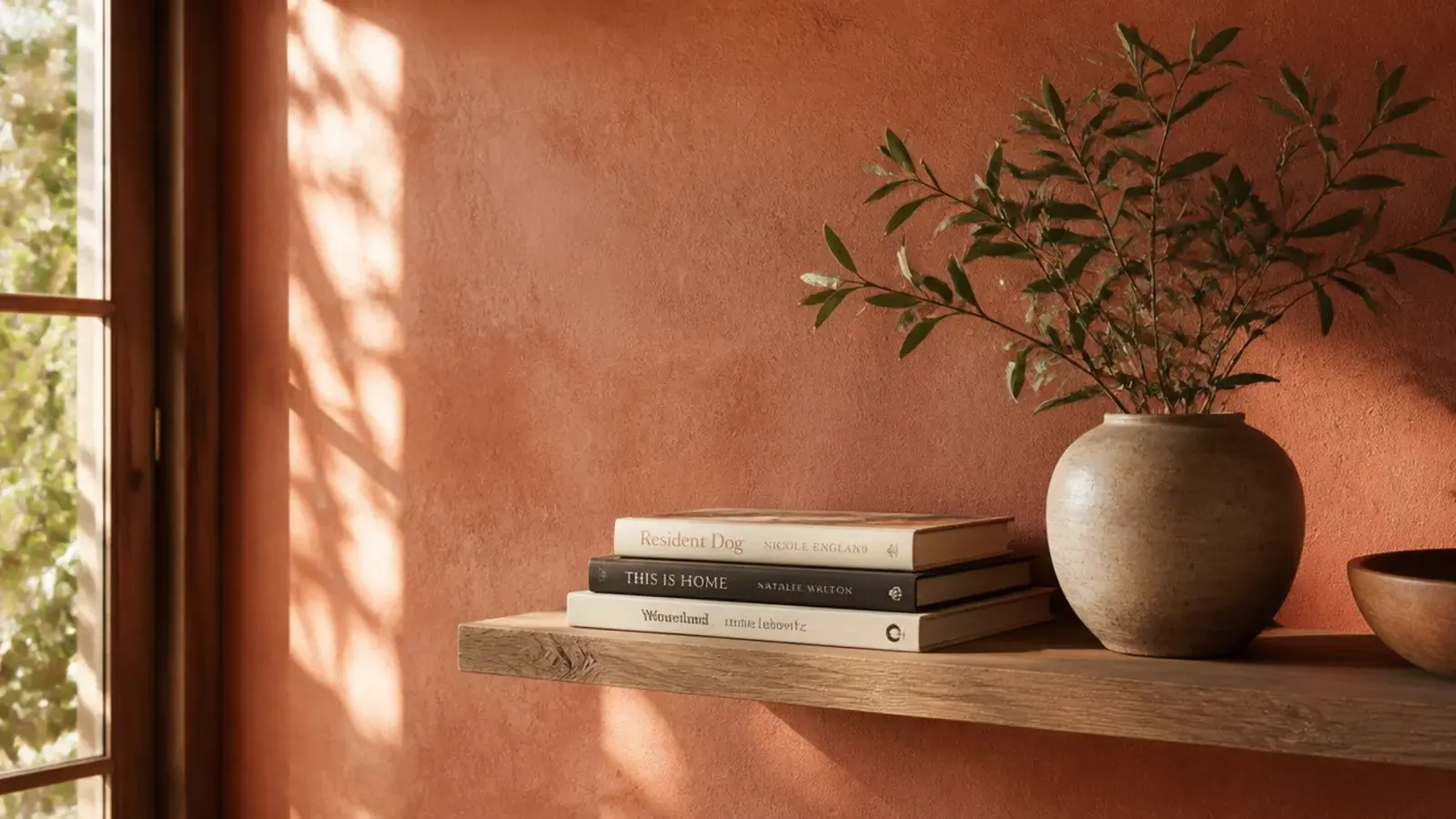 muted terracotta wall beside a timber shelf and stacked books