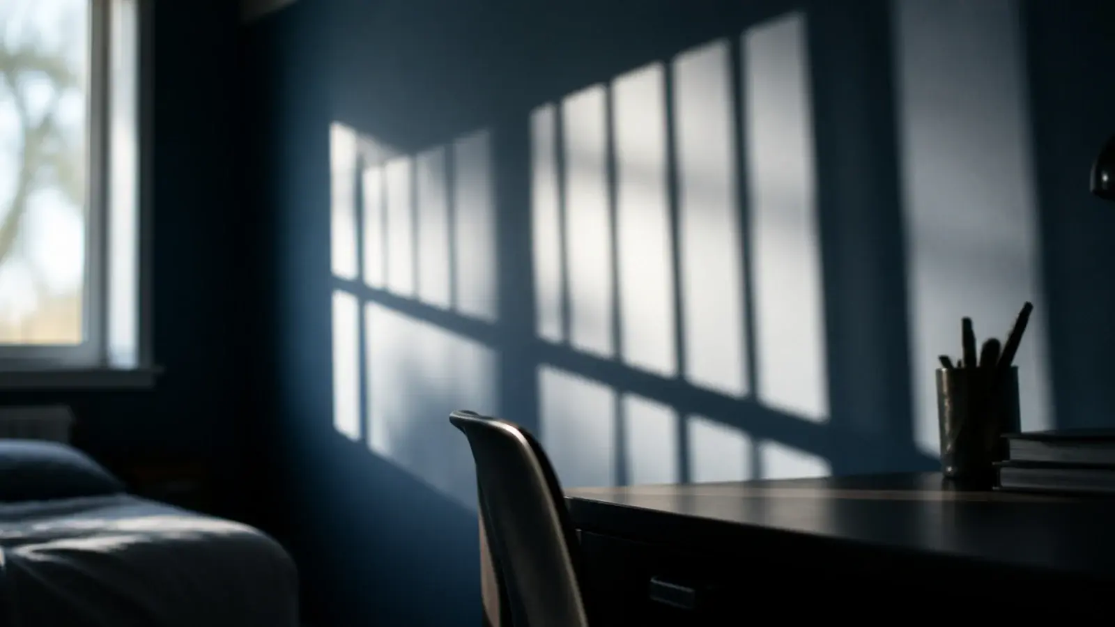cool blue grey wall filled with strong afternoon sunlight