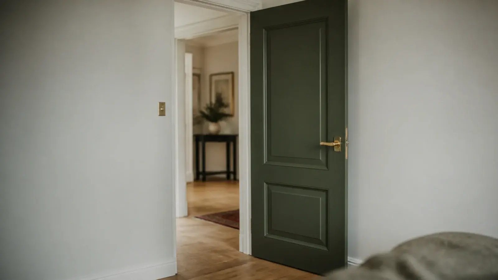 bedroom door painted deep green against plain pale surrounding walls