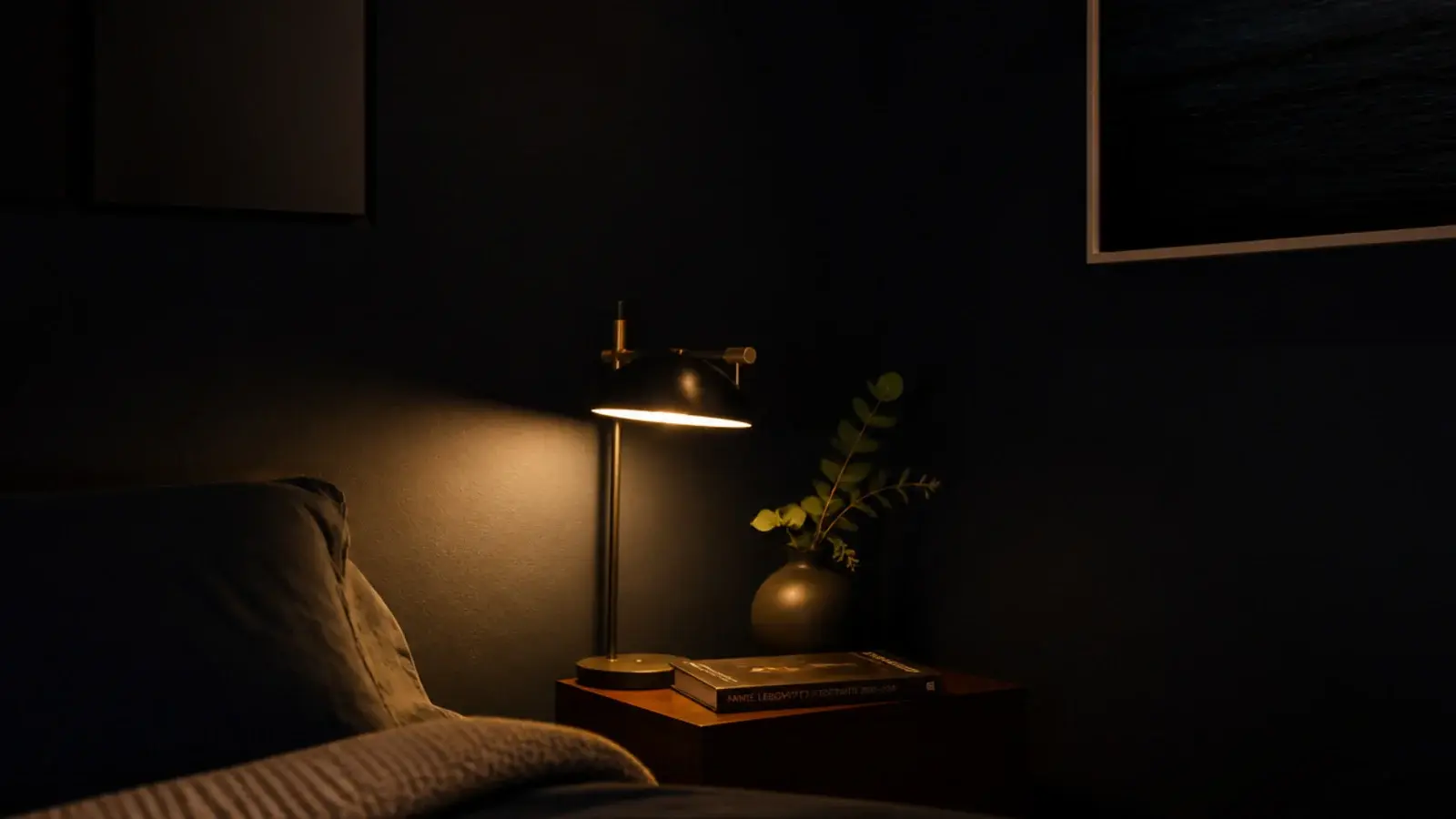 deep navy wall lit by a warm lamp at night beside a bed