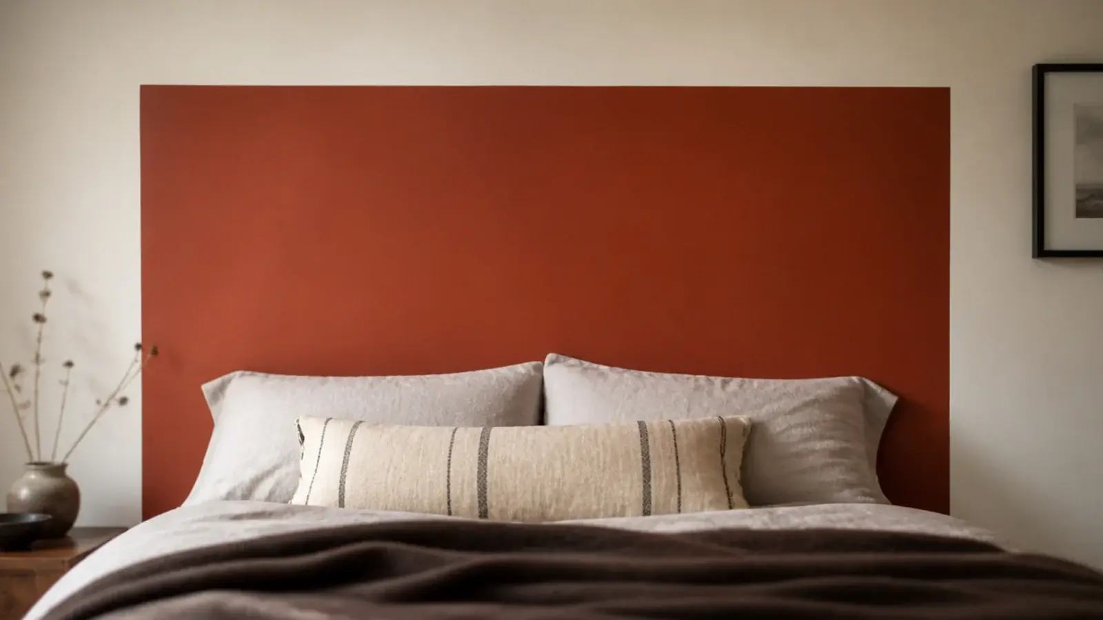 large painted rectangle of colour framing a bed on a pale wall