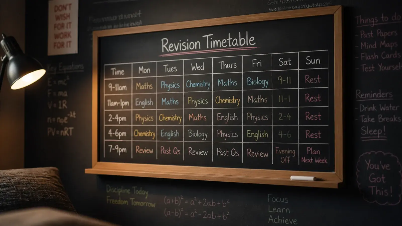 framed chalkboard panel on a bedroom wall covered with scrawled notes