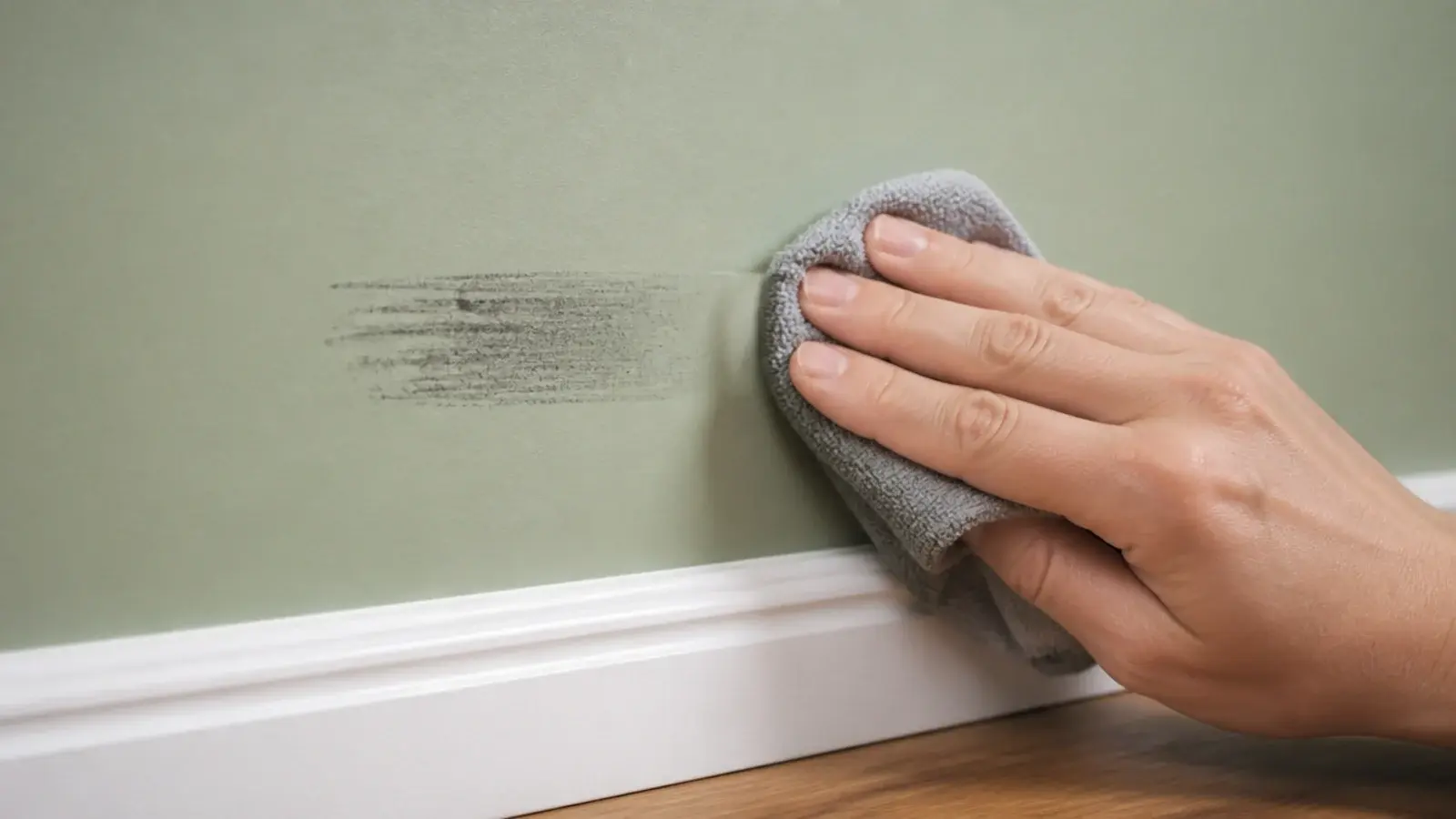 damp cloth wiping a scuff mark cleanly off a matte painted wall