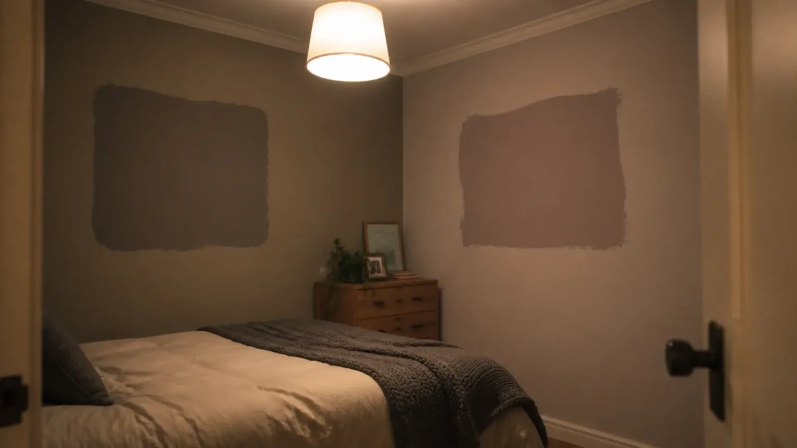 two large paint samples on opposite walls viewed under lamp light