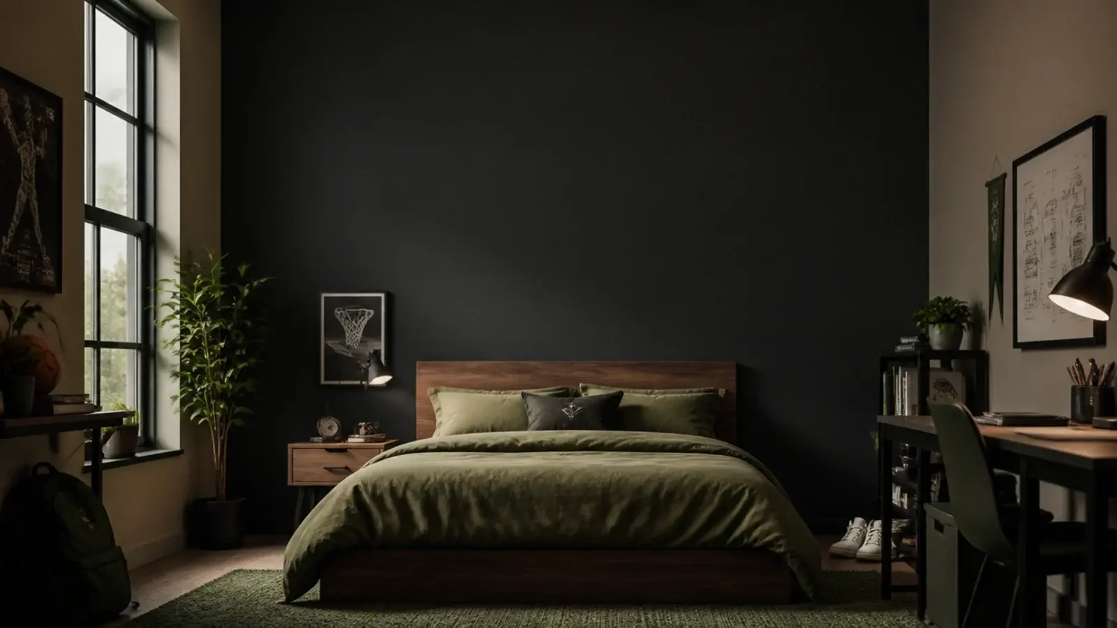 tall teen boy bedroom paint view with charcoal wall and greige walls