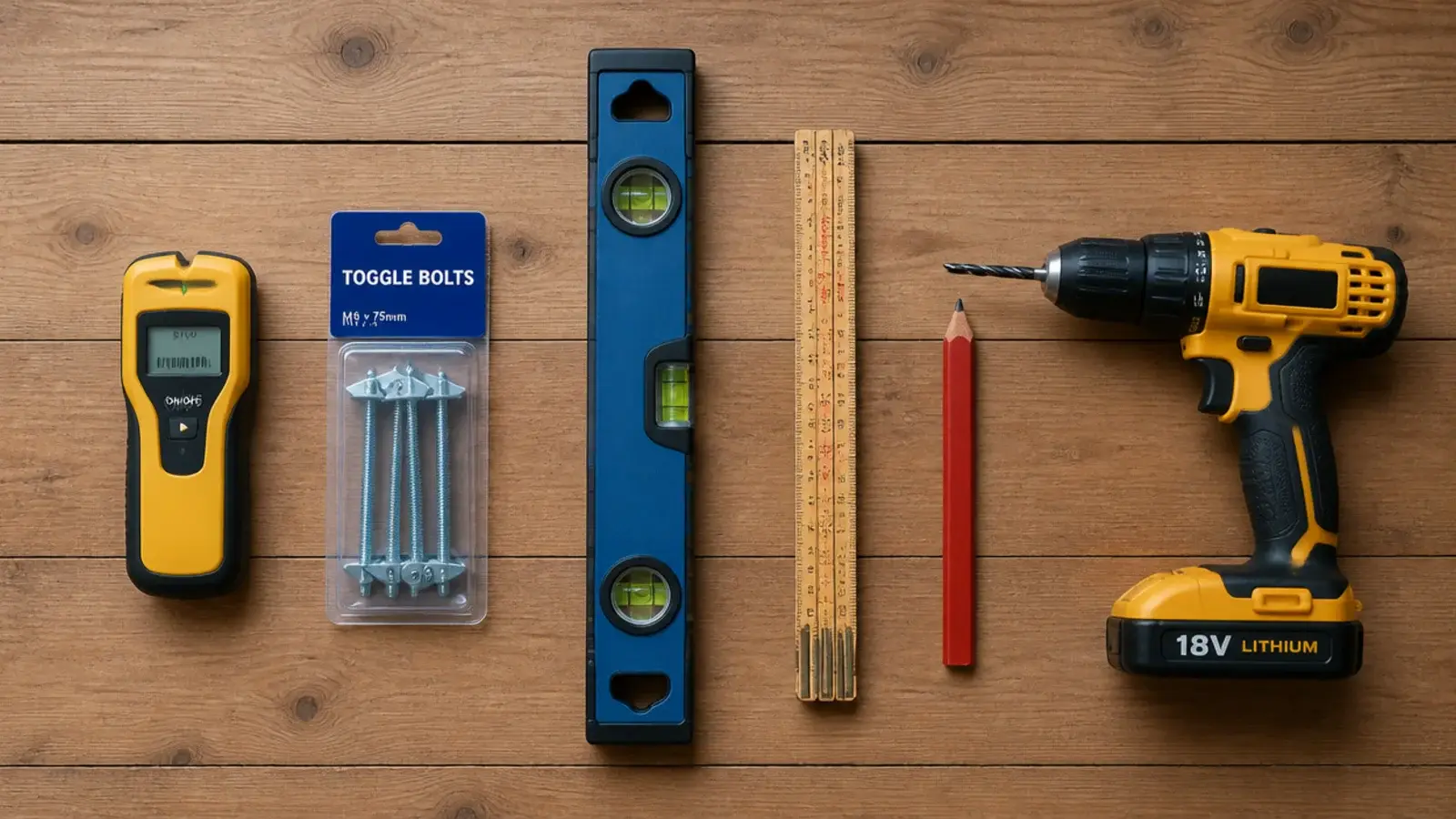 stud finder toggle bolts spirit level and pencil laid out on a floor