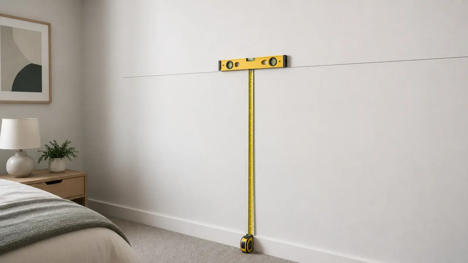 tape measure marking a horizontal centre line across a bedroom wall