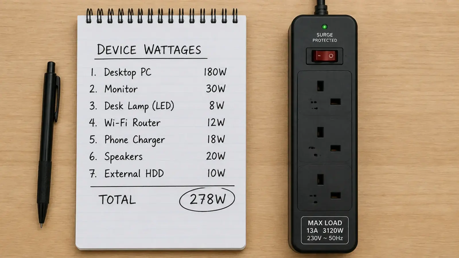 notepad listing device wattages beside a rated extension lead