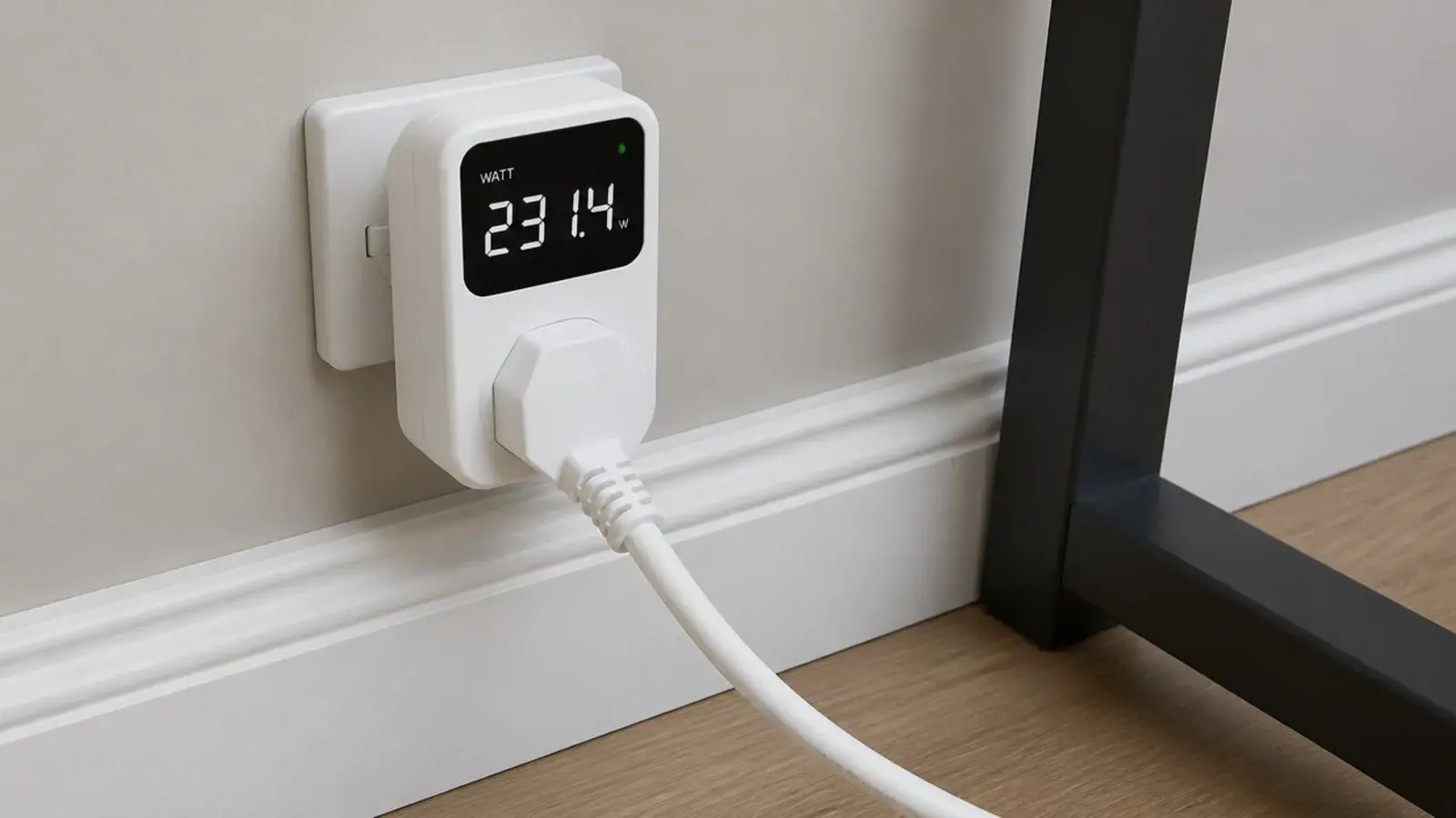 power meter plugged into a wall socket reading a live wattage draw