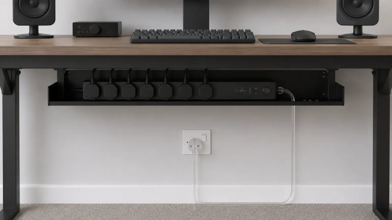 single extension lead feeding a full desk setup from one socket