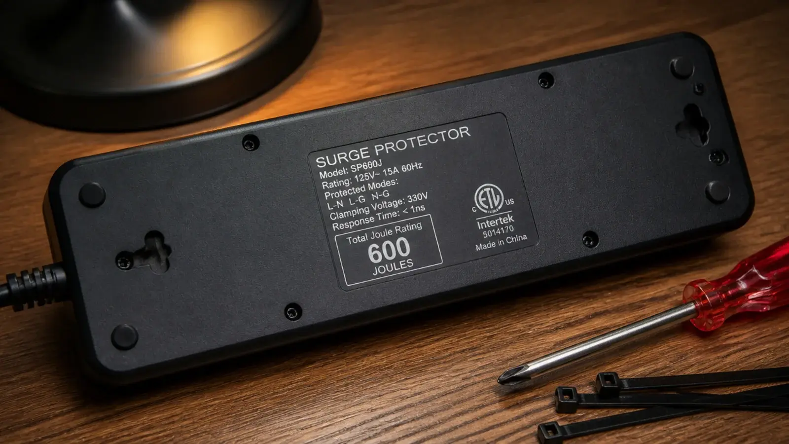 joule rating printed on the underside of a surge protected strip