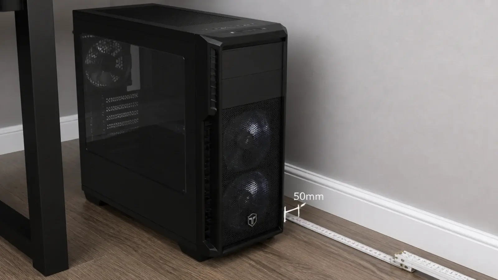 gaming tower standing with measured air gap behind and beside it
