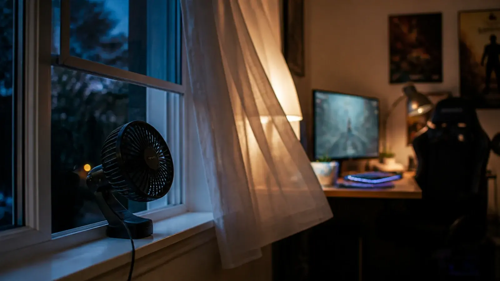bedroom window opened a hand span beside a running gaming setup
