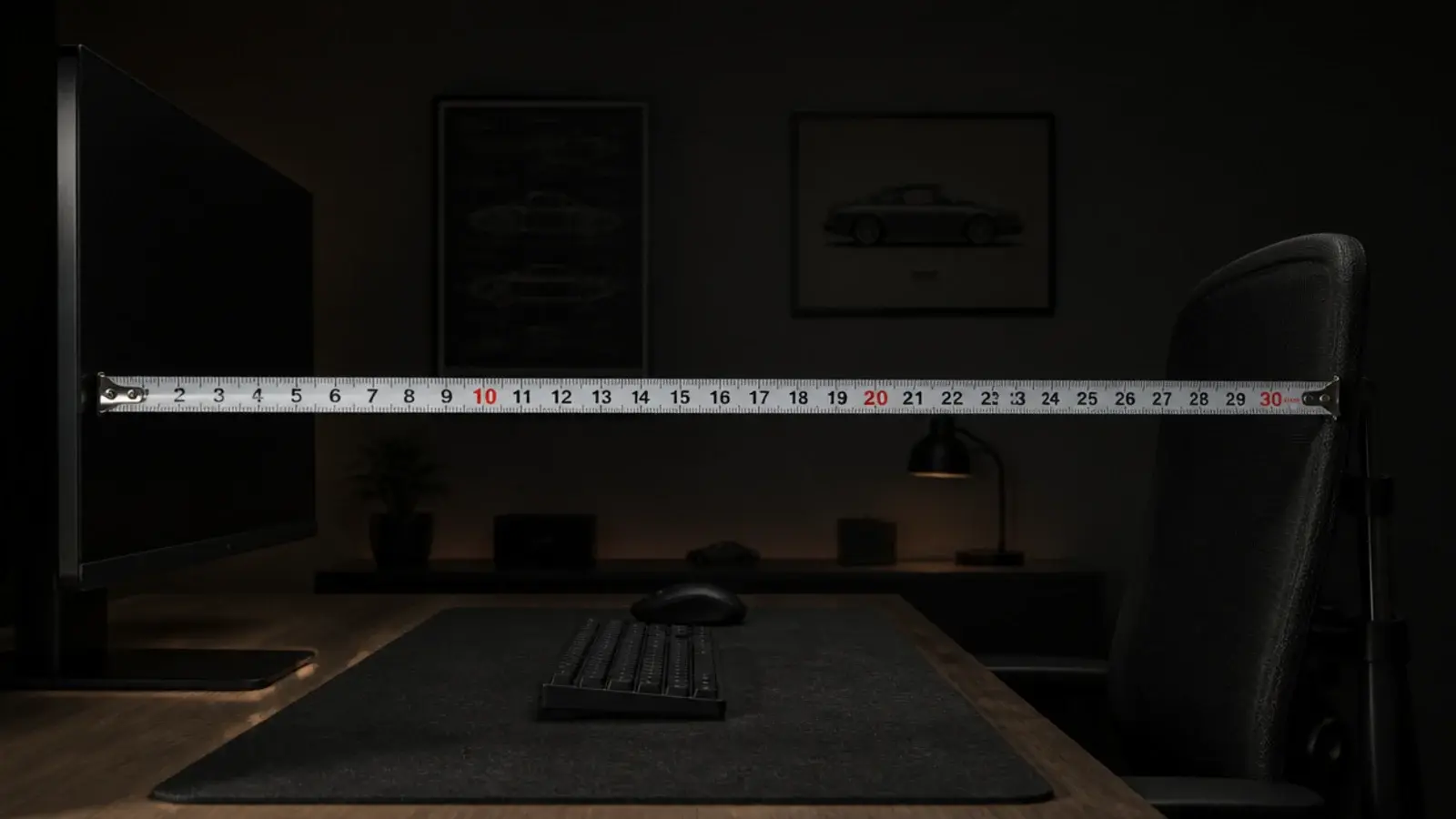 tape measure stretched from a monitor face to a chair backrest