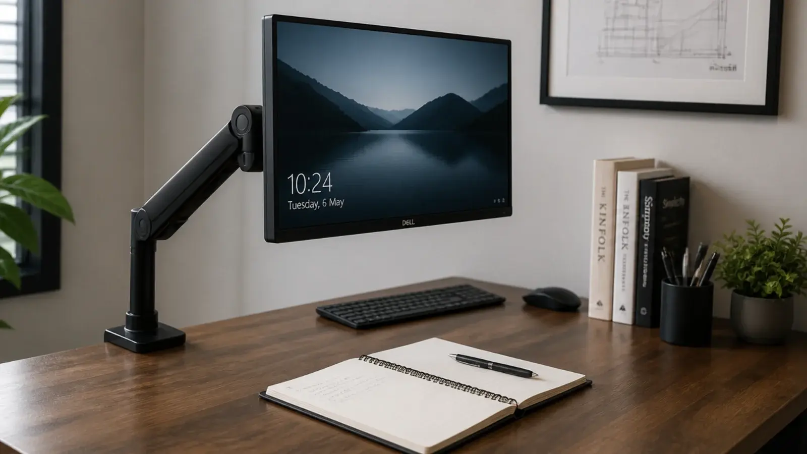 clamp monitor arm holding a screen above a cleared desk surface