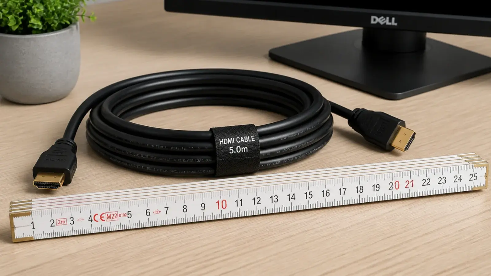 coiled hdmi cable measured against a folding rule on a desk