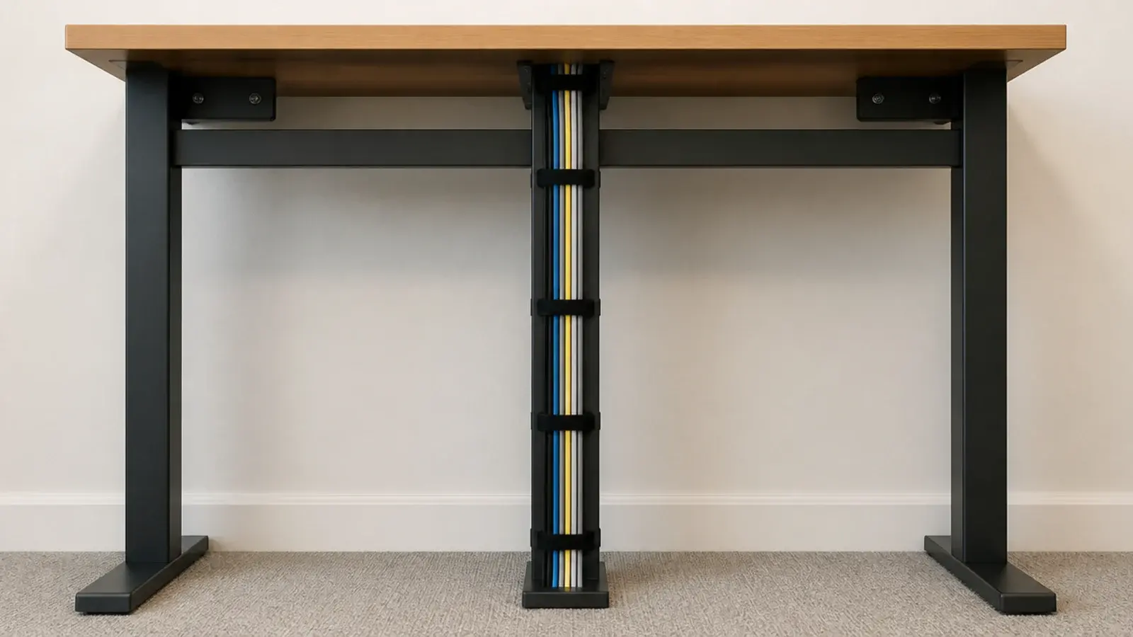 cable bundle held by evenly spaced velcro ties behind a desk