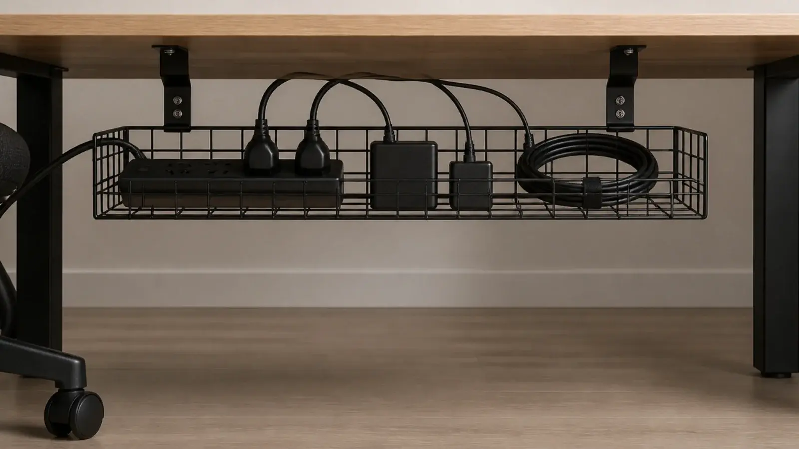 mesh cable tray under a desk holding a power block and adapters