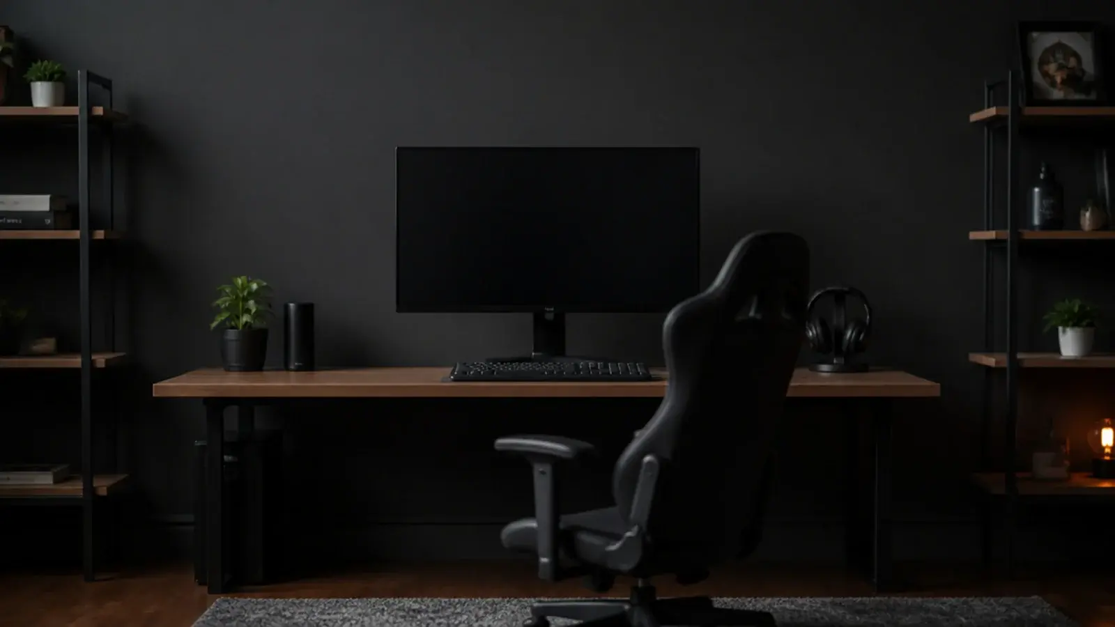 deep charcoal wall directly behind a switched off gaming monitor