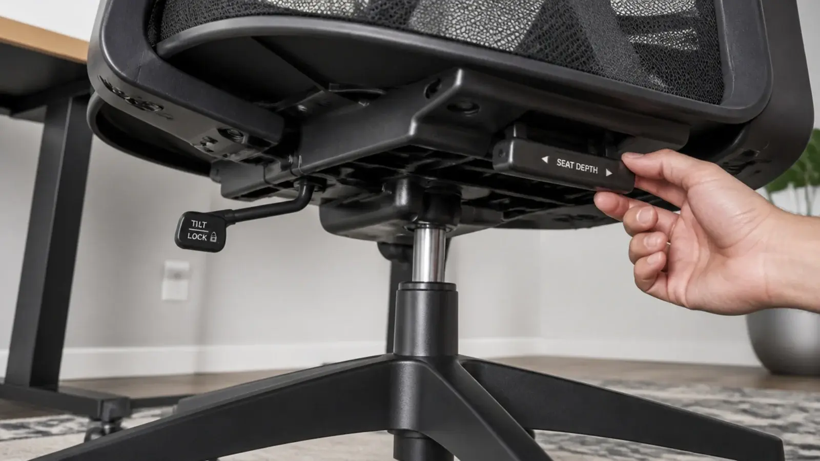 task chair adjustment levers shown beneath a mesh seat pan