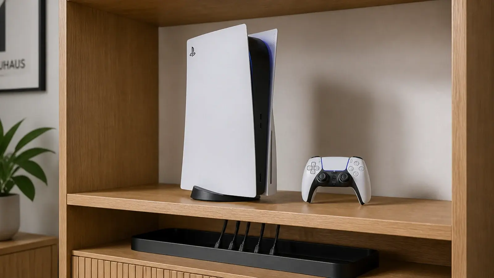 console standing vertically on an open shelf with clear ventilation