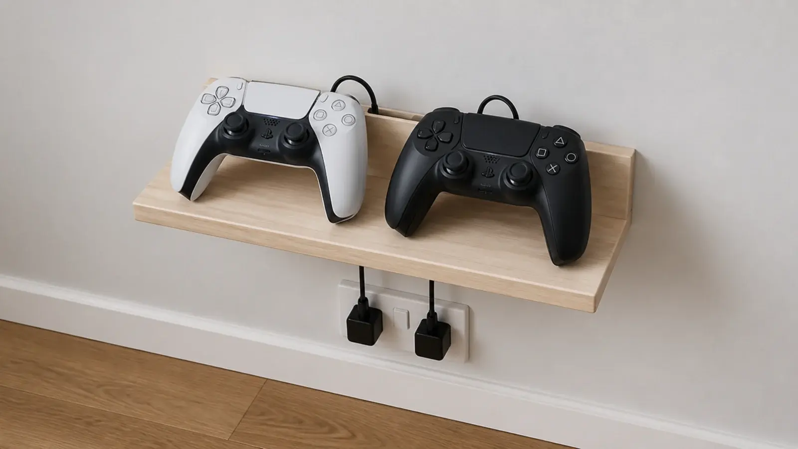 two controllers charging side by side on a small wall shelf