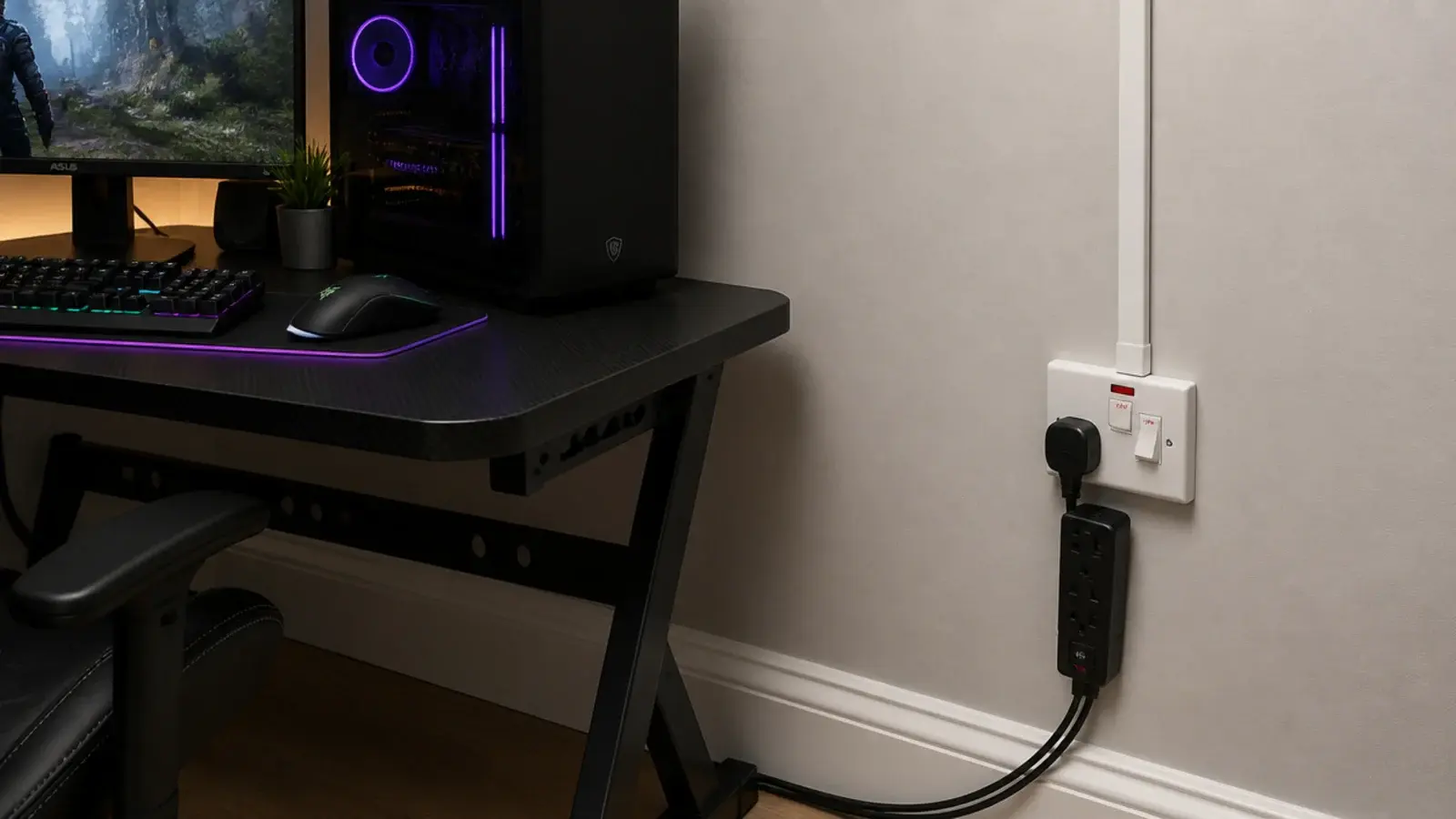 switched socket beside a desk controlling the whole gaming setup