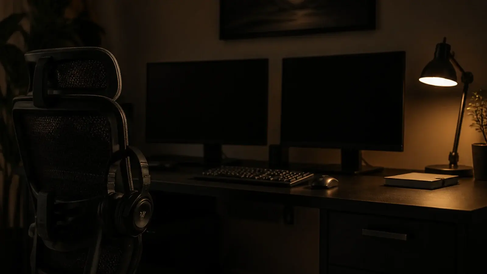 darkened gaming desk with screens off and a lamp still lit
