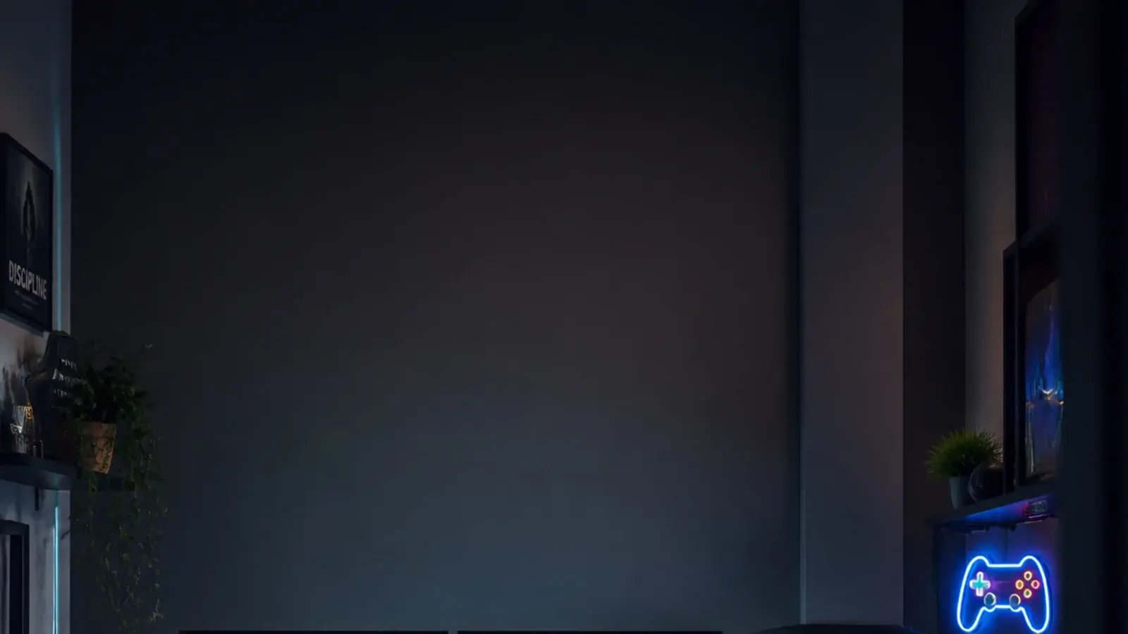 tall teen boy gamer bedroom view with screens dark wall and cable tray