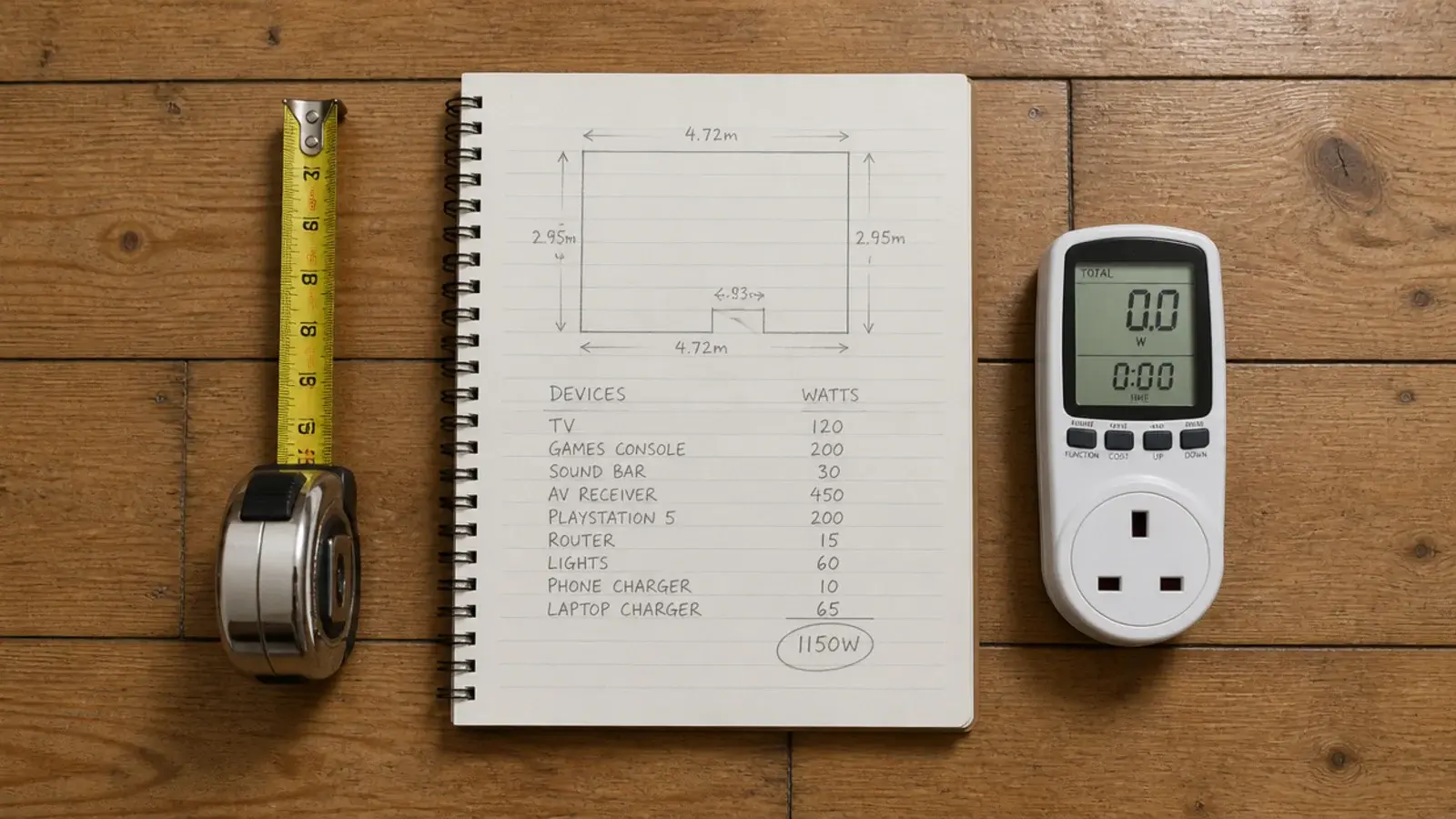notepad of wall measurements and device wattages beside a tape