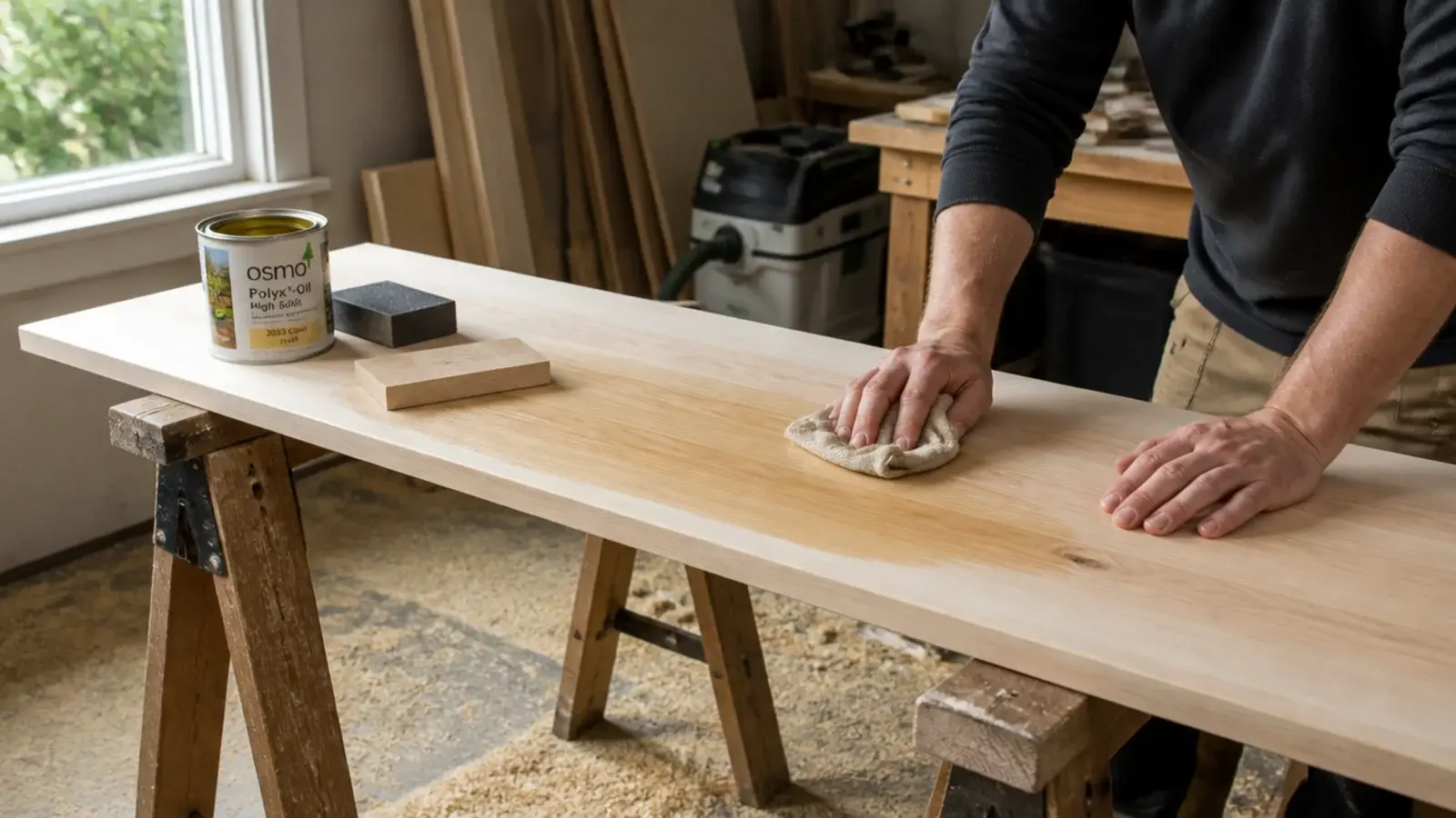pale timber board being sanded and oiled on two trestles