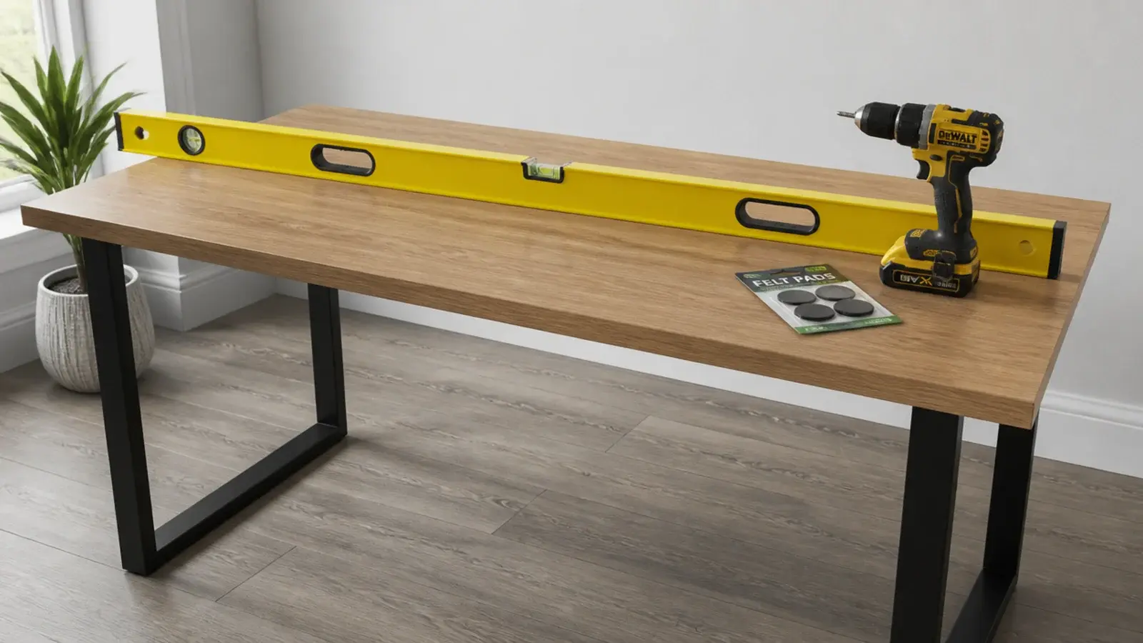 spirit level resting on a newly assembled desk top with steel legs