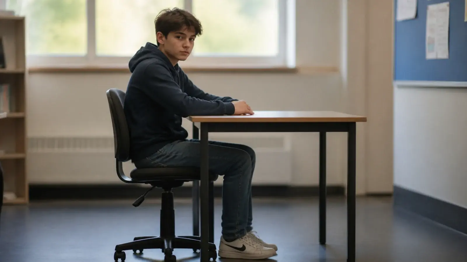 teenager seated with feet flat and forearms level at a bare desk