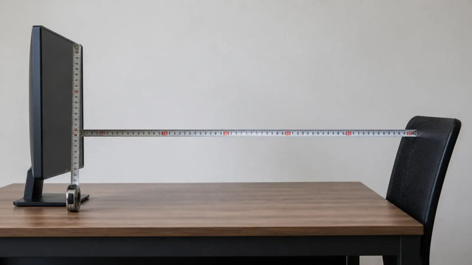 tape measuring from a monitor face to a seated chair backrest
